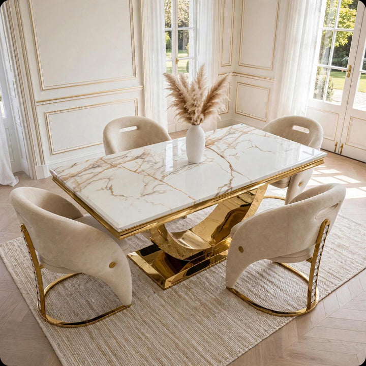 London White & Gold Marble Dining Table with 4, 6 or 8 Cream & Gold Crystal Velvet Chairs