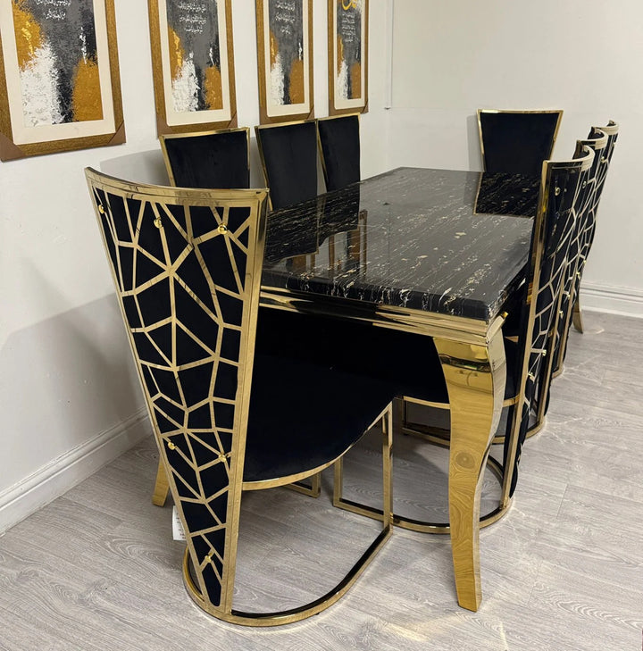 Louis Black And Gold Dining Table + Rose Black And Gold Dining Chairs