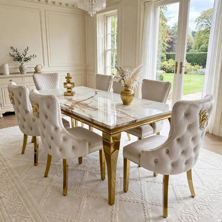Louise White And Gold Marble Dining Table + Victoria Gold Dining Chairs Cream & Gold Lion Knocker