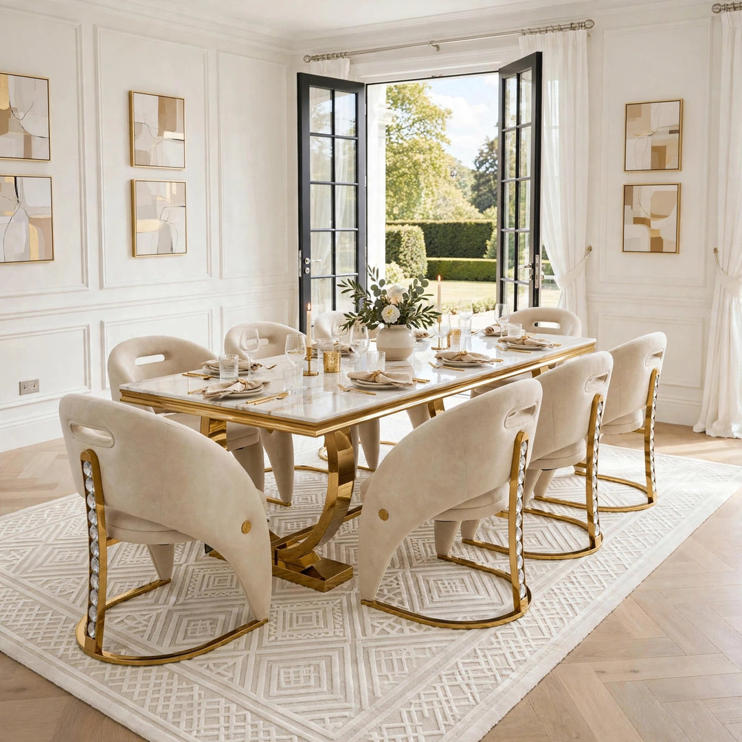 Arriana White & Gold Marble Dining Table with Rome Cream & Gold Crystal Velvet Chairs