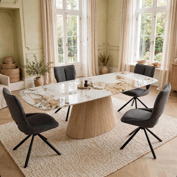 Marino Pandora Beige Extendable Dining Table 160-240cm with Roseland Grey Velvet 360° Swivel Chairs