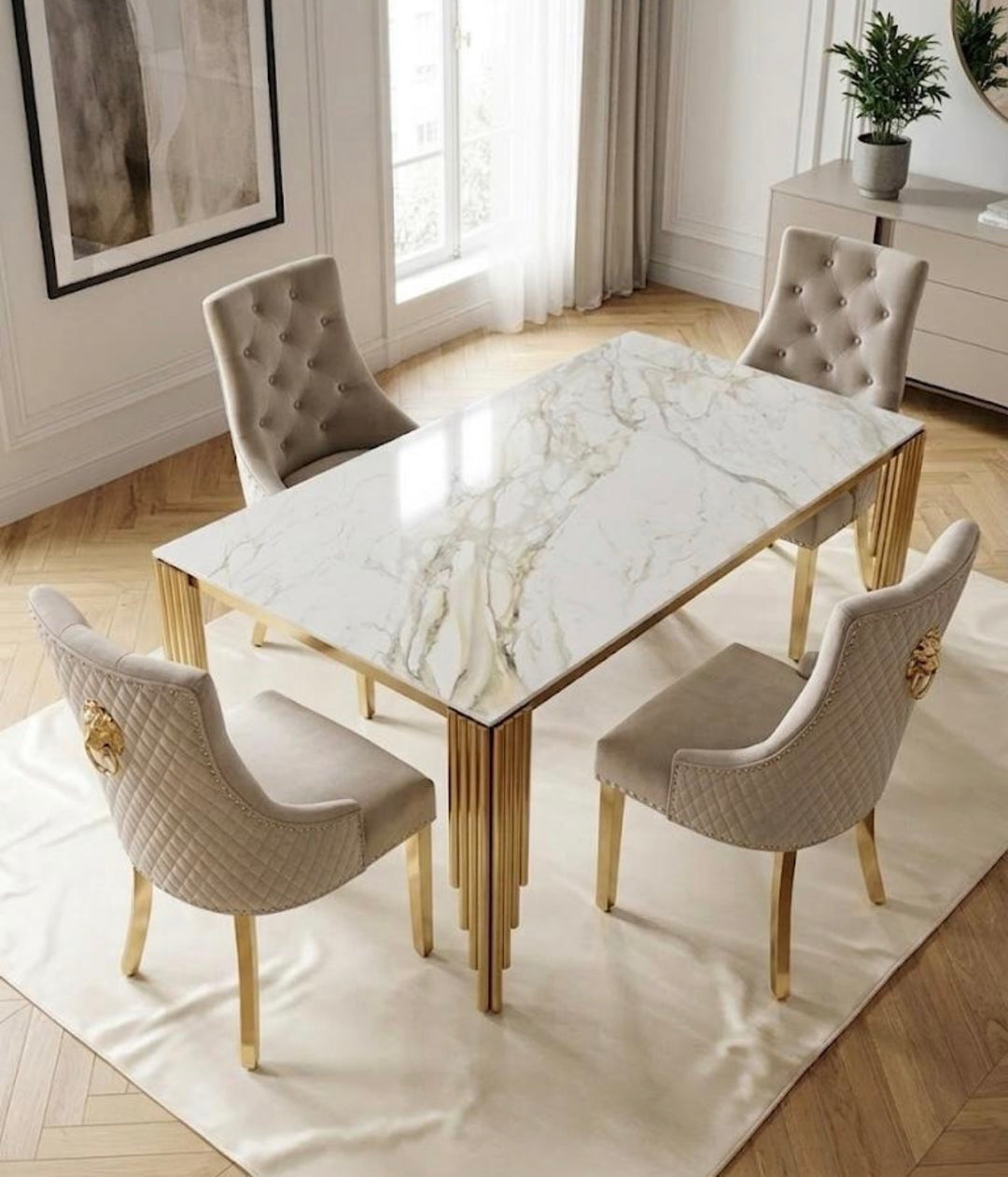 1.8M Mayfair Gold Dining Table with Majestic Gold Lion Knocker Dining Chairs | Luxury UK Dining Set