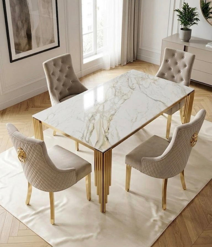 1.8M Mayfair Gold Dining Table with Majestic Gold Lion Knocker Dining Chairs | Luxury UK Dining Set