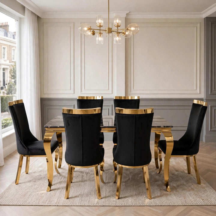 Louise Black & Gold Marble Dining Table with Roxby Black & Gold Dining Chairs