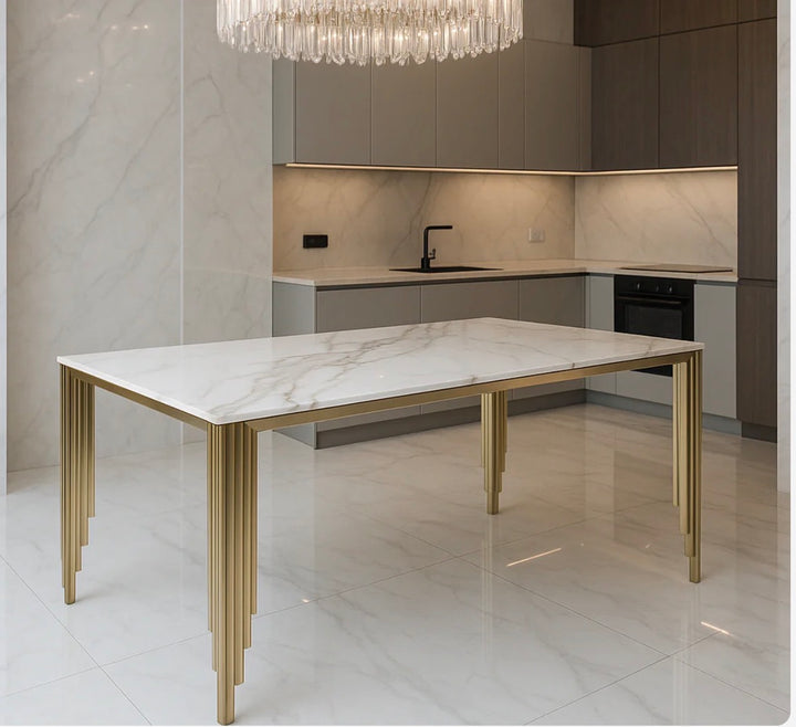 1.8M Mayfair Gold Dining Table with Majestic Gold Lion Knocker Dining Chairs | Luxury UK Dining Set