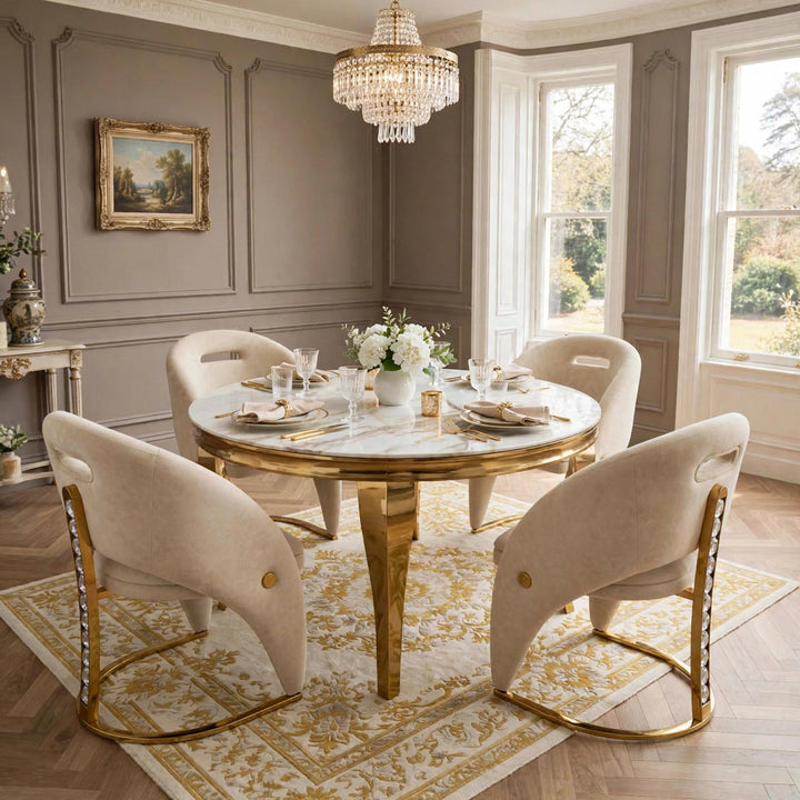 110cm White & Gold Marble Dining Table with 4 Crystal Velvet Chairs – Round 4 Seater