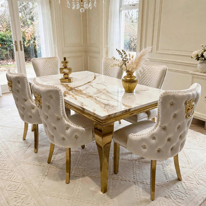 Louise Cream And Gold Marble Dining Table + Victoria Gold Dining Chairs Cream & Gold Lion Knocker