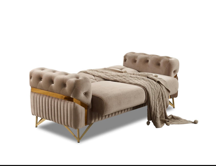 Marbela Mink & Gold Turkish Sofa Bed Set – 3 Seater Sofa Bed & 2 Seater – Luxury Fabric Sofa – UK Living Room Furniture