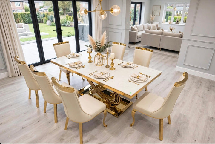 Rose Cream & Gold Marble Dining Table with Roxby Cream & Gold Dining Chairs | Luxury Dining Set