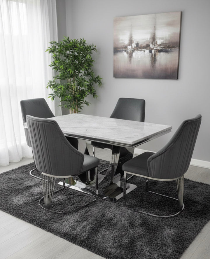 London Grey Marble Dining Table Set With Milan Dark Grey Dining Chairs | Modren Dining Furniture