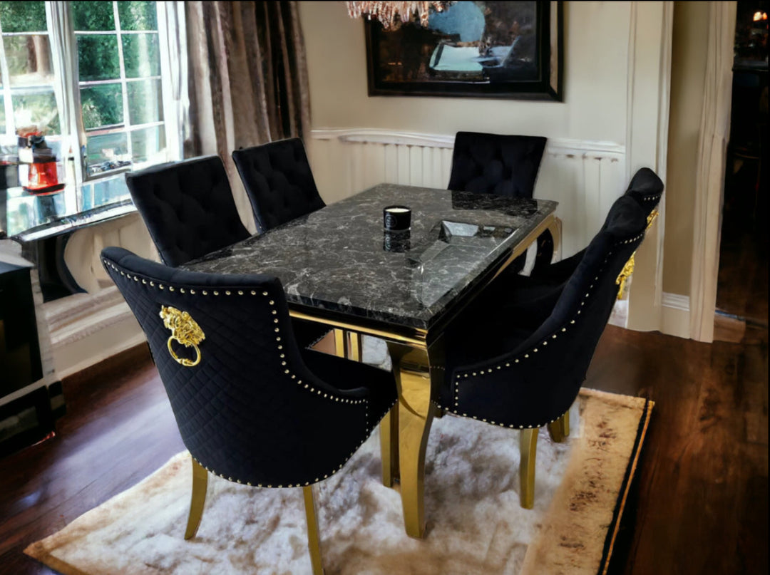 Louis Gold Dining Table + Beige Lion knocker Gold Dining Chairs