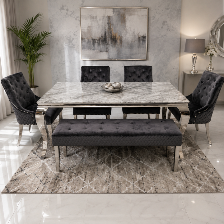 Louise Grey Marble Dining Table With 4 Majestic Dark Grey Lion Knocker Chairs & Majestic Bench Dark Grey
