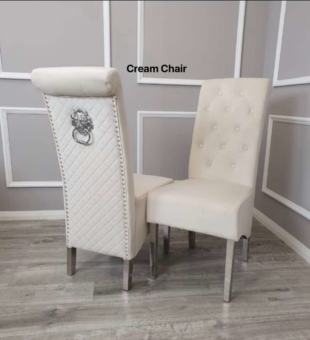 Round Grey Marble Dining Table + Emma Cream Lion knocker Chairs