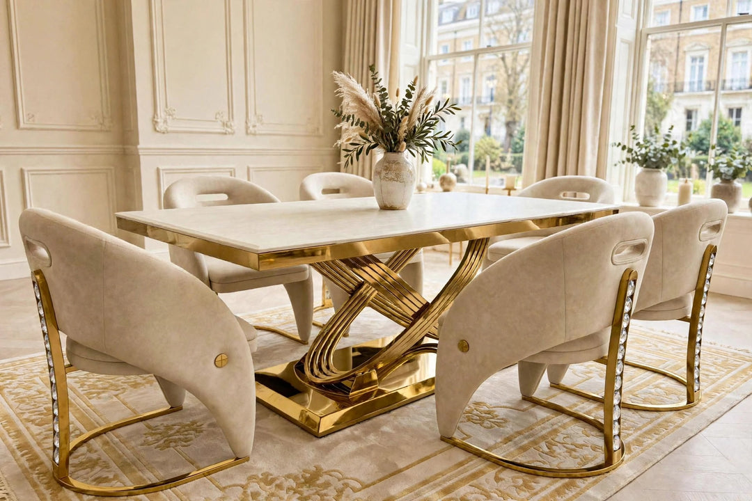 Cream and Gold Dining Table 
Cream and gold Dining Chairs 