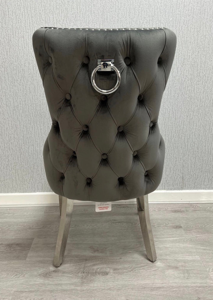 Louise Marble Dining Table Set with Victoria Ring Knocker Chairs  Dark Grey