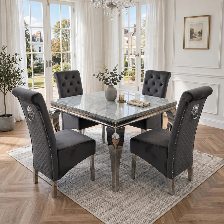 Louise 100cm Square Light Grey Marble Dining Table with Dark Grey Velvet Chairs – 4 Seater