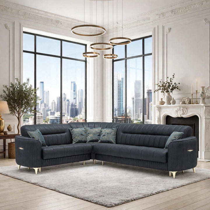 Kay Black Corner Turkish Sofa Bed With Gold – Modern L-Shape Sleeper Sofa with Storage