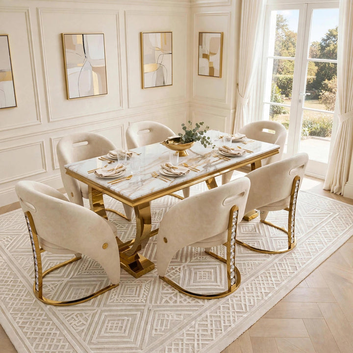 Arriana White & Gold Marble Dining Table with Rome Cream & Gold Crystal Velvet Chairs