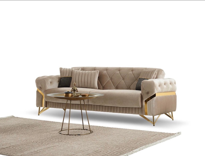 Marbela Mink & Gold Turkish Sofa Bed Set – 3 Seater Sofa Bed & 2 Seater – Luxury Fabric Sofa – UK Living Room Furniture