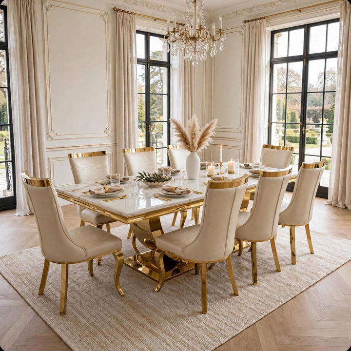 London Gold Dining Table with 6 Chairs Roxby Cream & Gold Velvet Luxury Dining Set