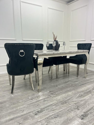 Louis 180cm Grey Marble Dining Table + Megan Dark Grey Knocker Plush Velvet Chairs