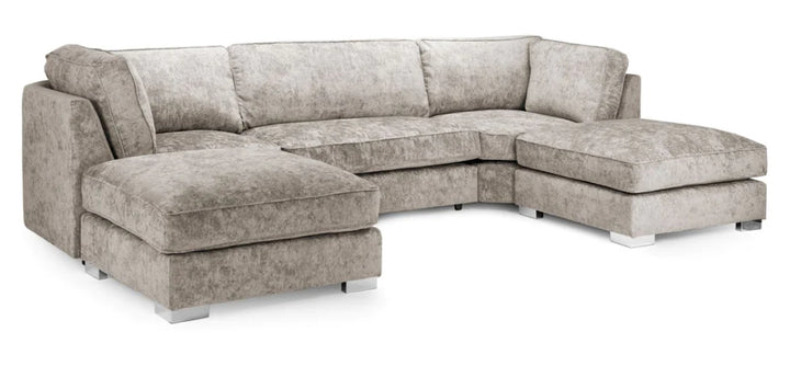 A gray u-shaped corner sofa with truffle-colored upholstery, featuring a solid wooden frame and moveable footstools.