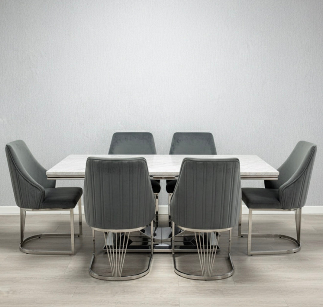 London Grey Marble Dining Table Set With Milan Dark Grey Dining Chairs | Modren Dining Furniture