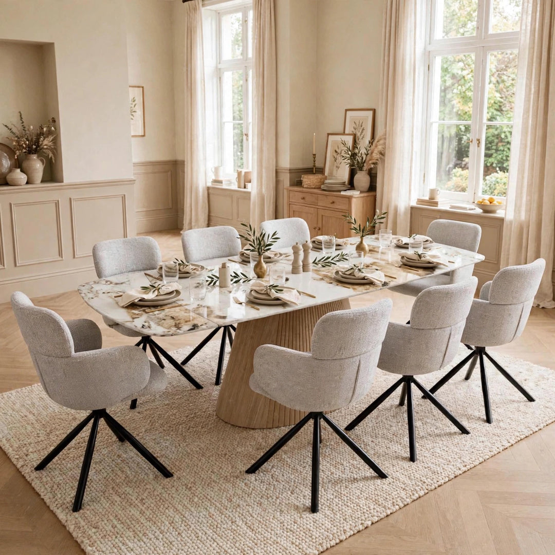 Marino Pandora Beige Extendable Dining Table 160-240cm with Tuscany Grey Velvet 360° Swivel Chairs