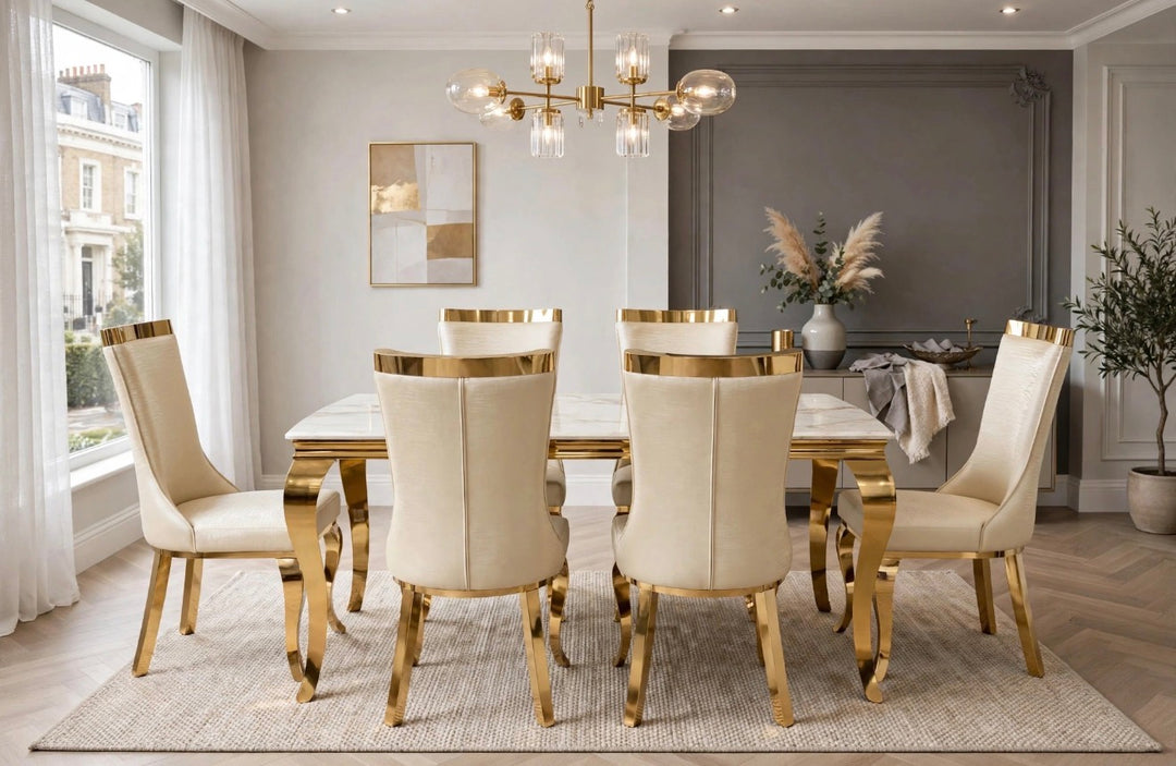 Louise Cream & Gold Marble Dining Table with Roxby Cream & Gold Dining Chairs