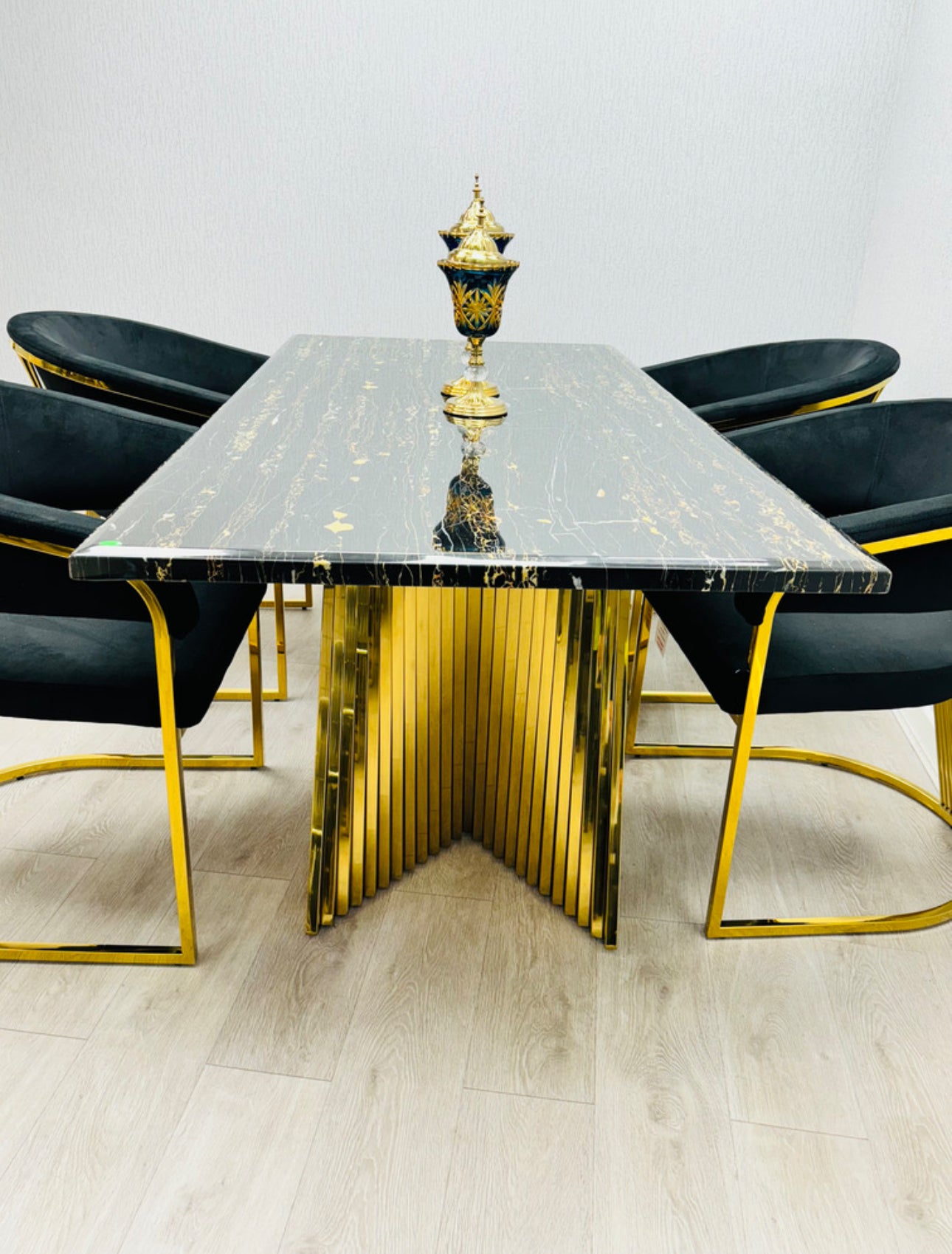 Rocco 180cm Black And Gold Marble Dining Table + Porado Dining Chairs ...