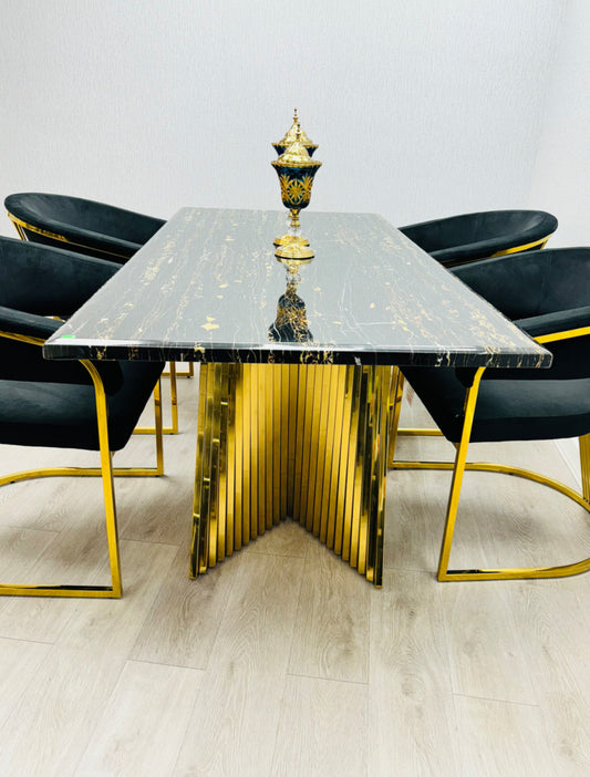 Rocco 180cm Black And Gold Marble Dining Table + Porado Dining Chairs