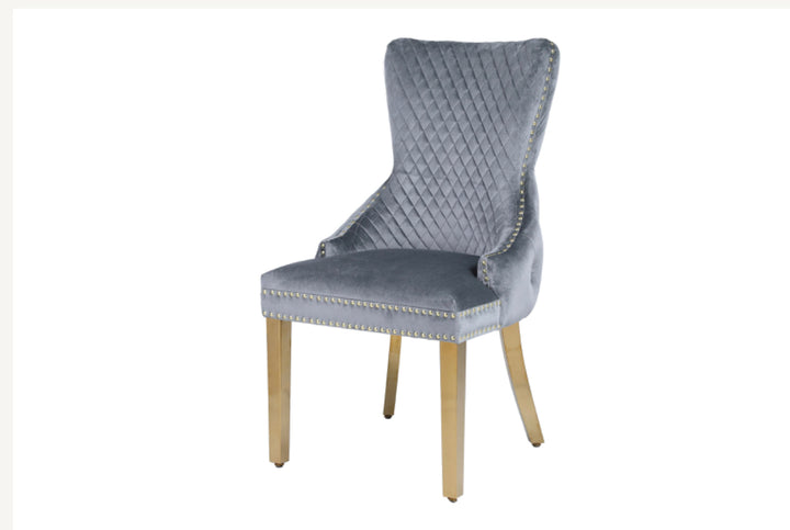 Louise Grey Marble Dining Table With victoria Grey and Gold Dining Chairs