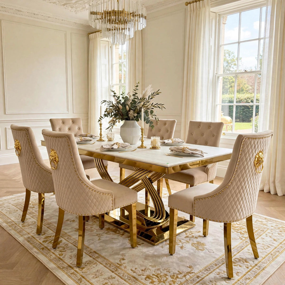Rose Cream & Gold Marble Dining Table with Mink & Gold Lion Knocker Velvet Chairs