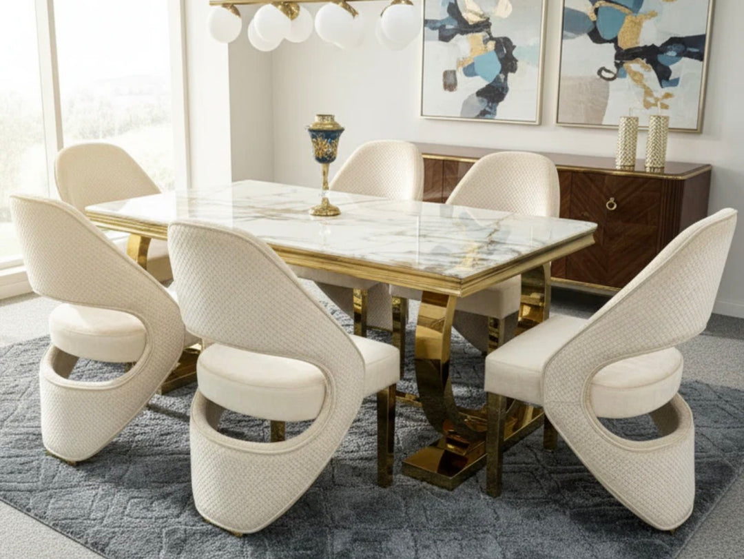 Arianna 160cm Gold Marble Dining Set With Santorini Cream And Gold Dining Chairs