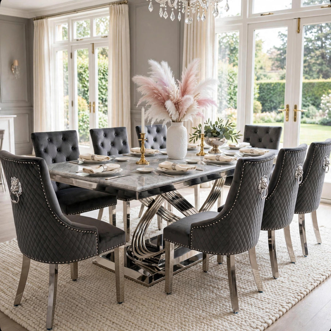 Rose Light Grey Marble Dining Table & Dark Grey Velvet Lion Knocker Chairs