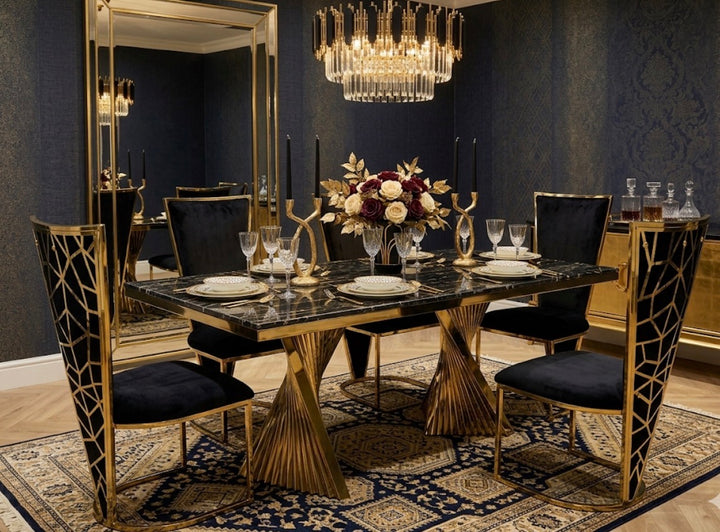 Rocco Marble Black & Gold Dining Table Set with Vienna Black & Gold Chairs – Luxury Marble Dining Set (160cm & 180cm)