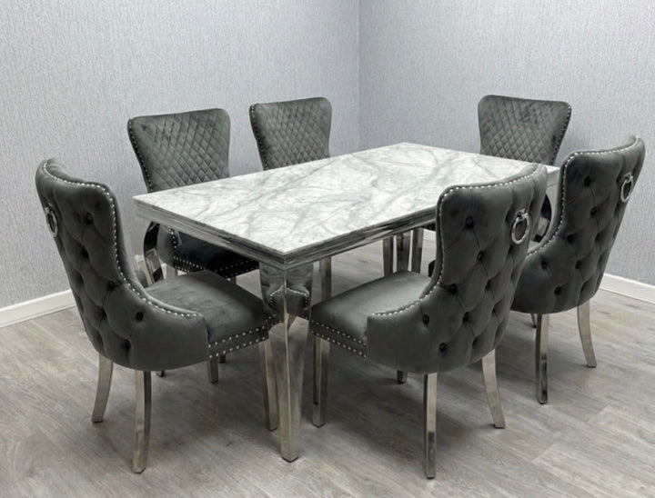 Louise Marble Dining Table Set with Victoria Ring Knocker Chairs  Dark Grey