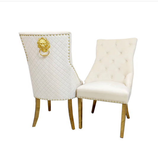 Arianna Marble Gold Dining Table With Cream & Gold Lion Knocker Dining Chairs