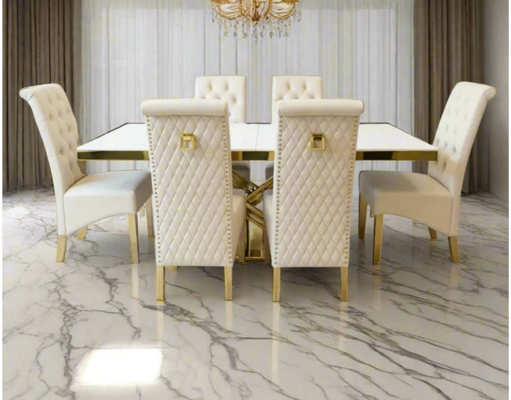 Rose Marble Dining Table Cream And Gold + Sofia Cream And Gold Dining Chairs