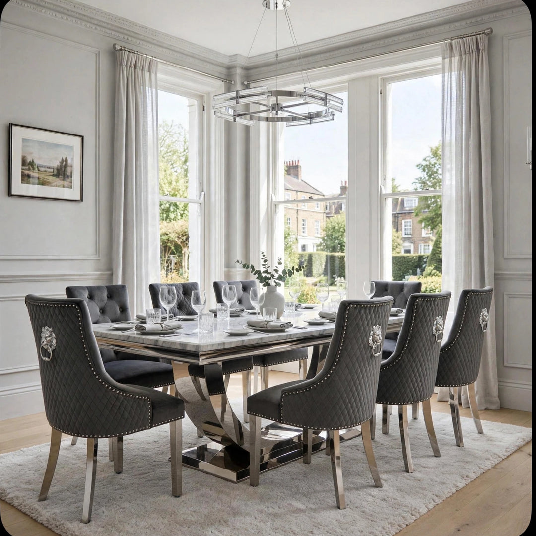 London Light Grey Marble Dining Table with Dark Grey Lion Knocker Chairs