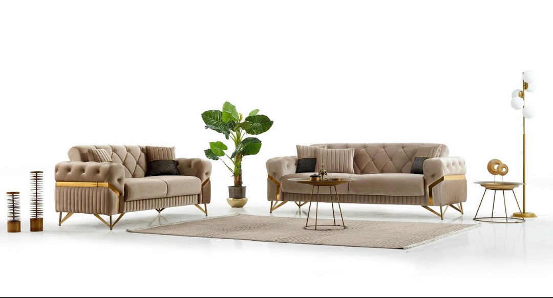 Marbela Mink & Gold Turkish Sofa Bed Set – 3 Seater Sofa Bed & 2 Seater – Luxury Fabric Sofa – UK Living Room Furniture