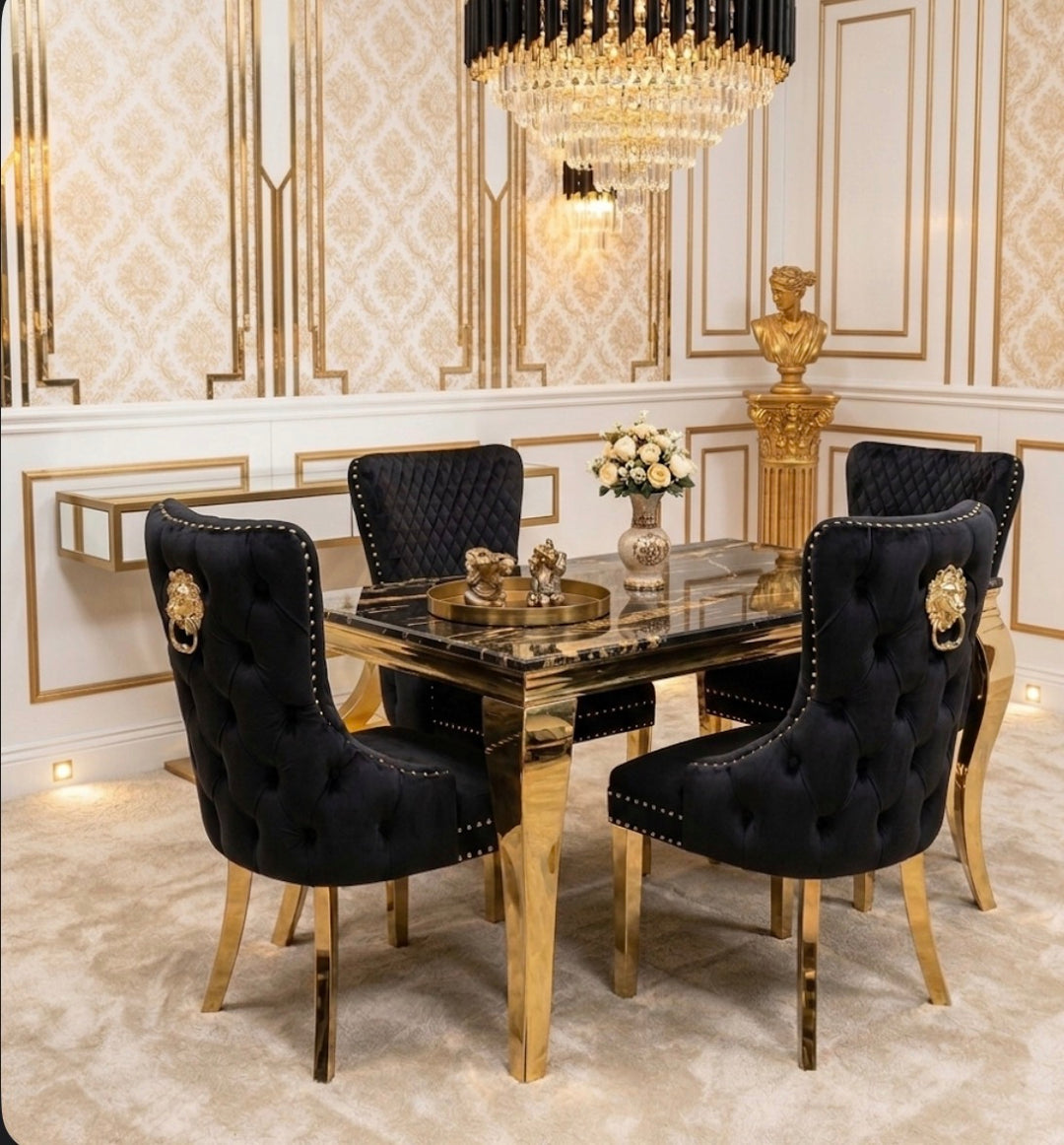 120cm Louise Gold Cream Marble Dining Set + Cream Gold Lion Knocker Chairs