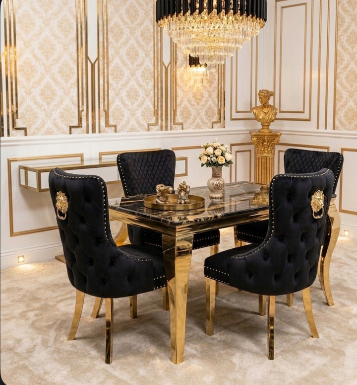 120cm Louise Gold Cream Marble Dining Set + Cream Gold Lion Knocker Chairs
