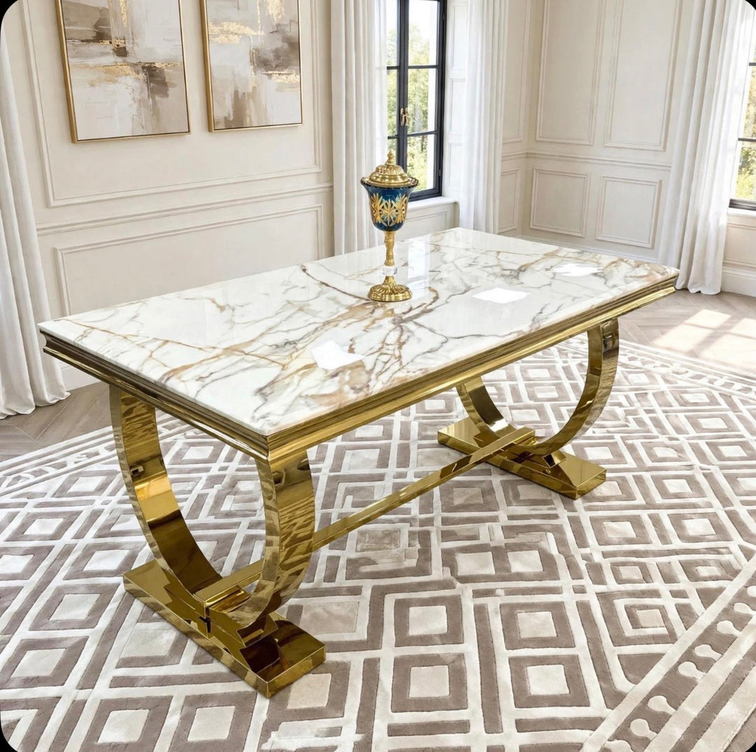 Arianna White & Gold Marble Dining Table with Victoria Cream & Gold Velvet Chairs