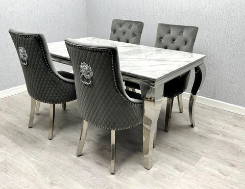 Louis Light Grey Marble Dining Table With Majestic Dark Grey Dining Chairs Lion Knocker