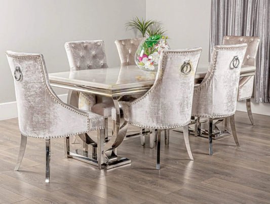 Arianna Marble Dining Table Cream With Jessica Mink Dining Chairs