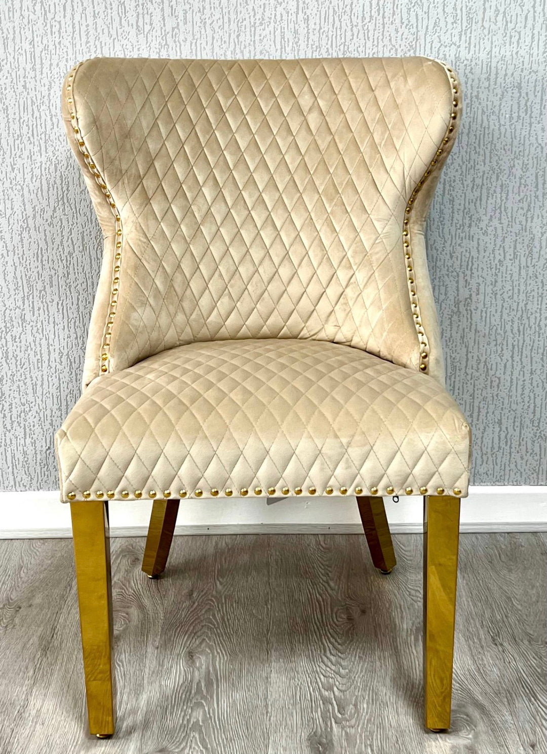 Pair of 2 Valentino Mink & Gold Dining Chairs Ring knocker