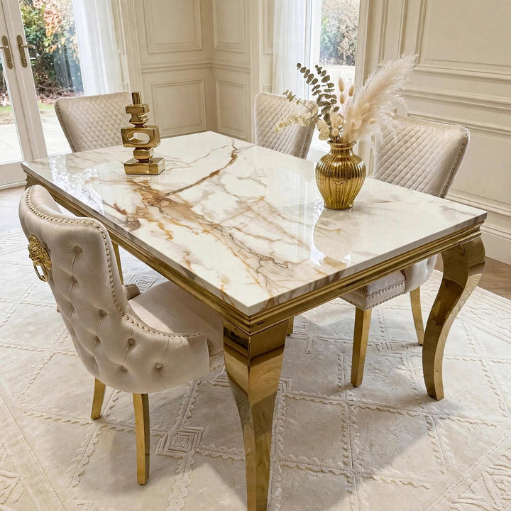 Louise White And Gold Marble Dining Table + Victoria Gold Dining Chairs Cream & Gold Lion Knocker