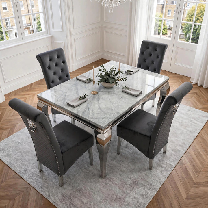 Louise Light Grey Marble Dining Table with Dark Grey Velvet Chairs – 4, 6 & 8 Seater