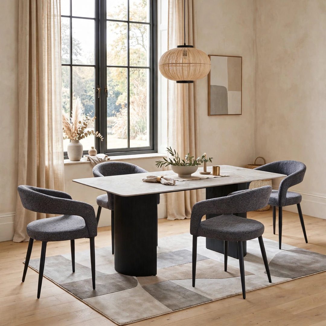Olympia 160cm Grey Ceramic Marble Dining Table & 4 Grey Velvet Chairs